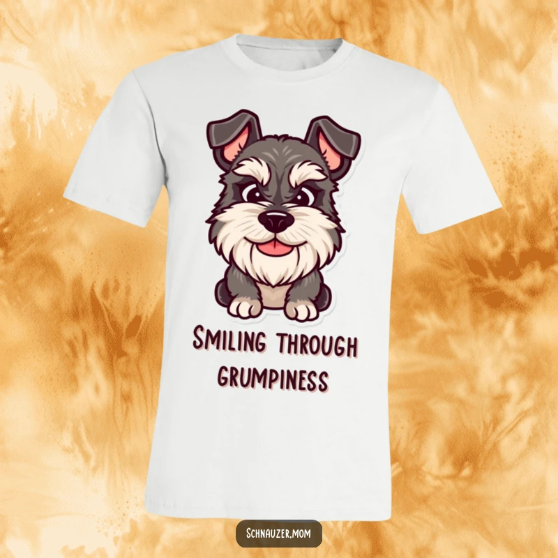 Funny Schnauzer T-shirt depicting a dog with a friendly yet grumpy smile, perfect for relatable and humorous dog lovers.