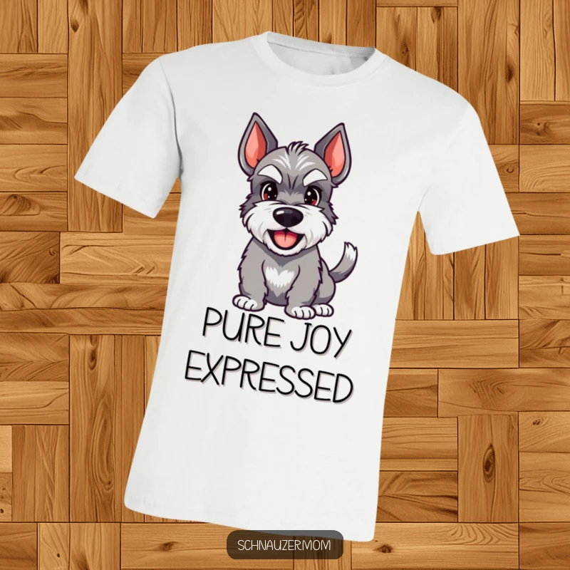 Funny Schnauzer t-shirt depicting a happy dog with a wagging tail and a wide, infectious grin.