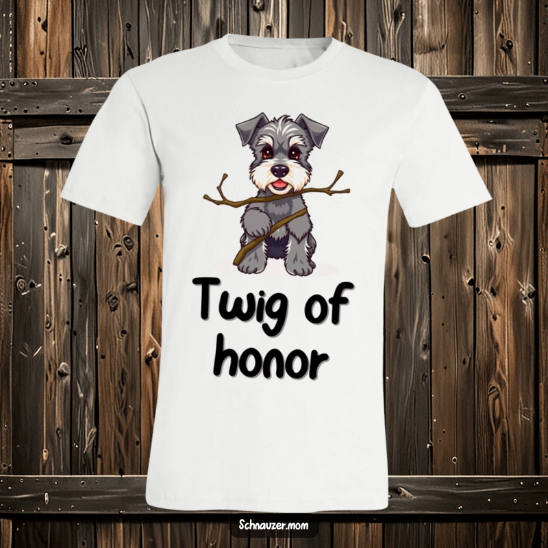 Funny Kawaii Schnauzer T-shirt featuring a proud dog offering a small, interesting twig, highlighting quirky joy and personality.