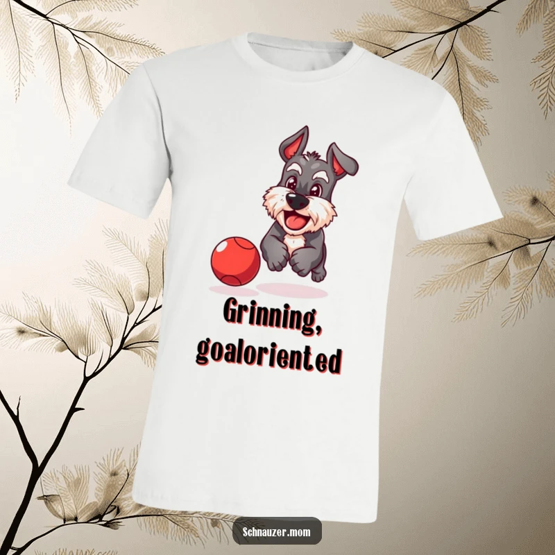 Funny Schnauzer T-shirt featuring a playful dog with a determined grin enthusiastically chasing a bouncing red ball.
