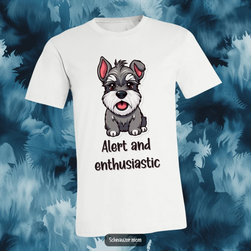Funny Schnauzer T-shirt showing a sturdy dog with iconic bushy eyebrows mid-bark, radiating enthusiastic joy and happiness.