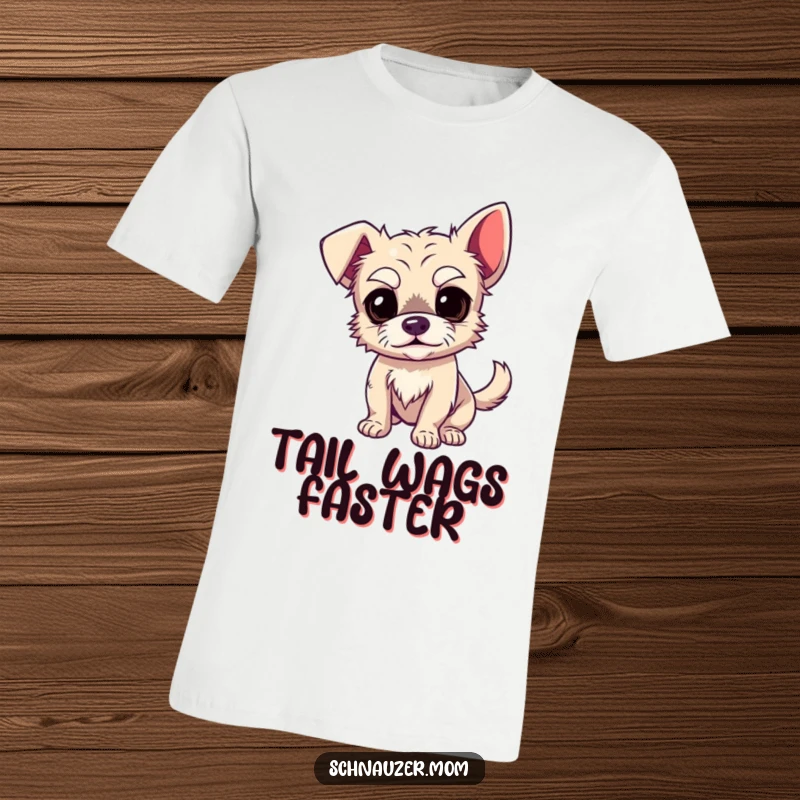 Funny Wiry Dog T-Shirt: A small, wiry dog with theatrical eyebrows wags its tail rapidly, radiating pure joy and humor.