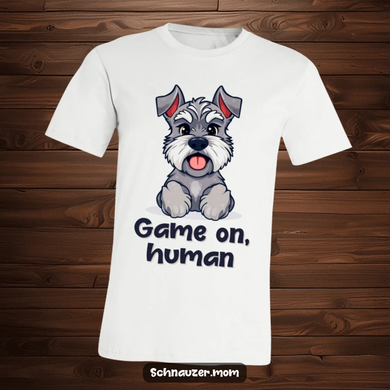 Funny Kawaii Schnauzer T-shirt featuring a dog with paws forward, inviting a game, perfect for expressing a playful personality.