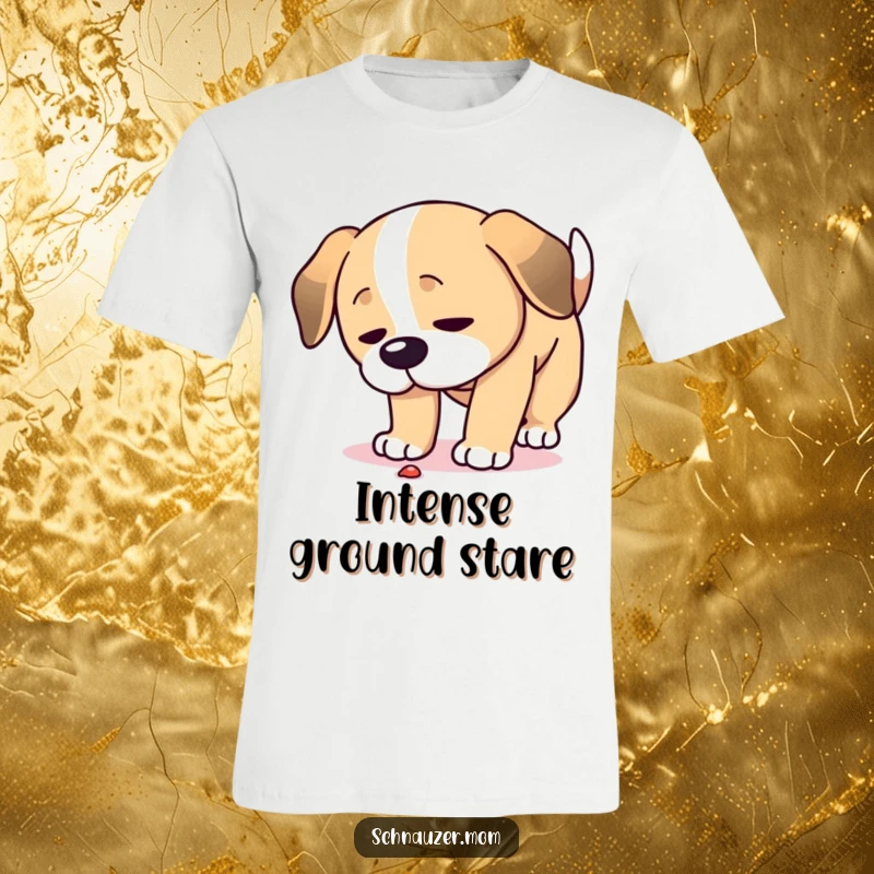 Funny Focused Dog T-Shirt: A dog is shown with its head lowered, intently scanning the ground, suggesting a moment of deep investigation.