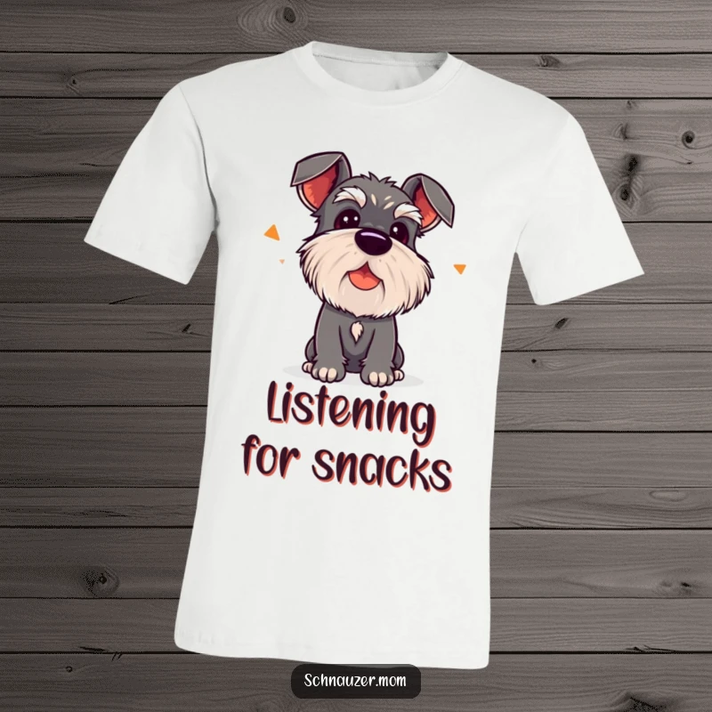 Funny Kawaii Schnauzer T-Shirt, with head tilted, listening intently to an unseen sound.