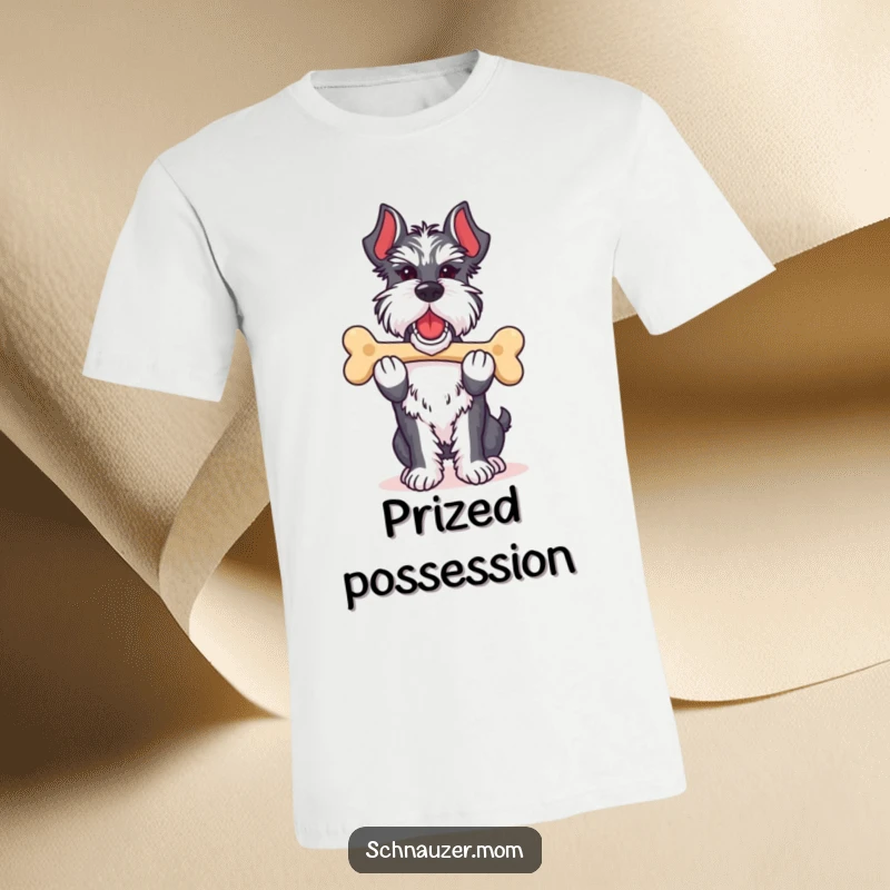 Funny Schnauzer lady t-shirt featuring a dog proudly carrying its favorite bone, symbolizing accomplishment and happy ownership.