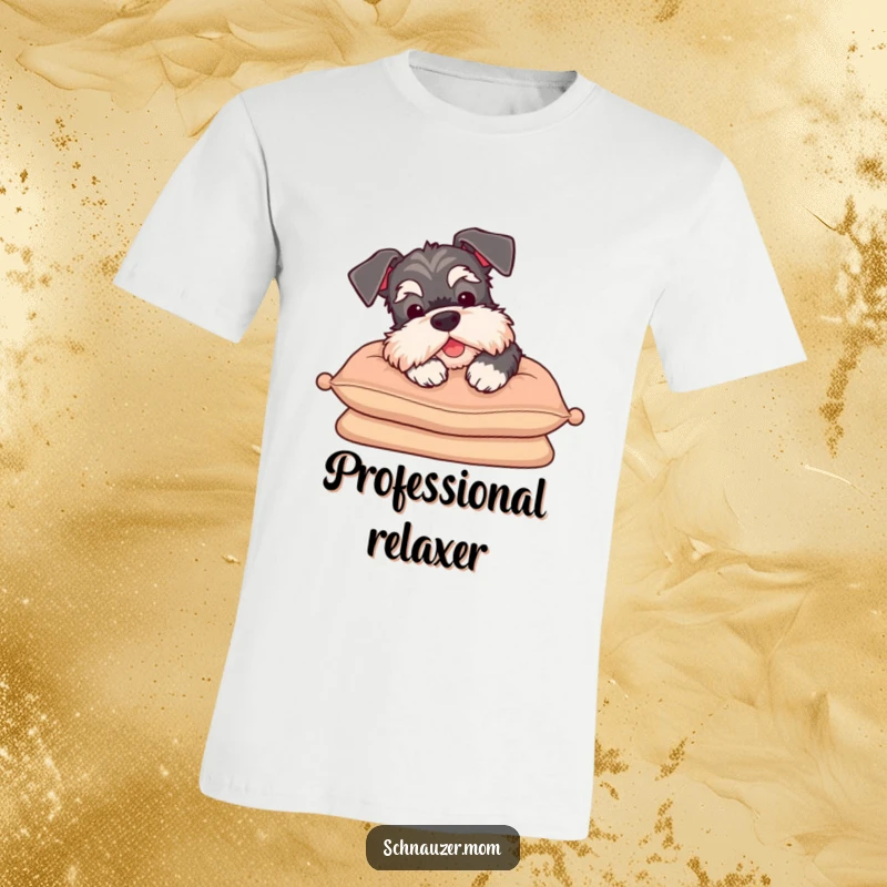 Funny Schnauzer t-shirt sighing contentedly on a cushion, expressing pure relaxation and comfort, ideal for casual and humorous apparel.