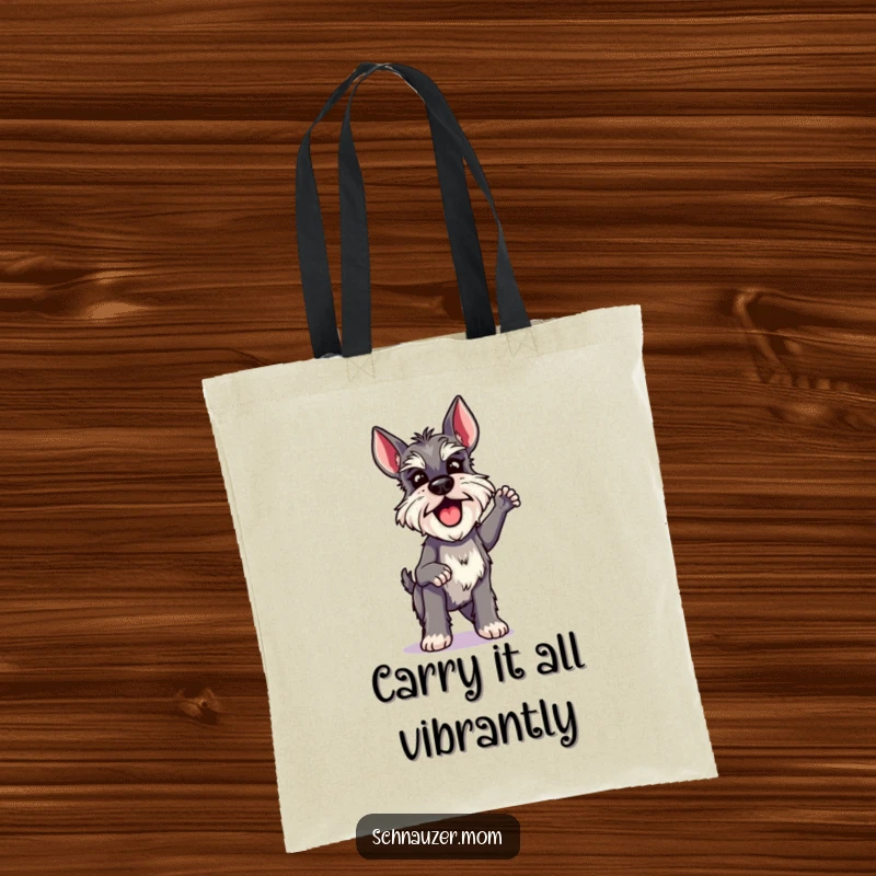 Funny Schnauzer Lady Tote Bag, doing a quick and excited shake with playful vigor, a stylish and humorous accessory.
