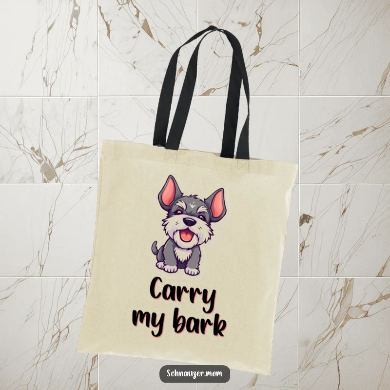 Funny Kawaii Schnauzer tote bag, ears high, barking playfully, showing a cute and energetic canine, perfect for shopping.