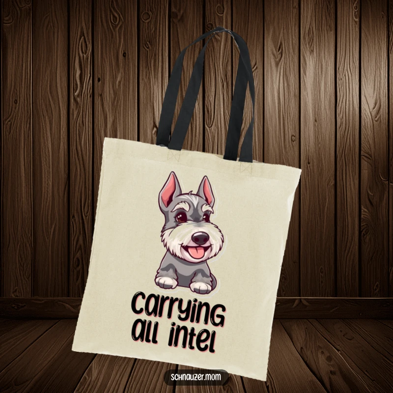 Funny Schnauzer dog tote bag, showing a dog giving a knowing and happy glance, ideal for carrying items with a stylish flair.