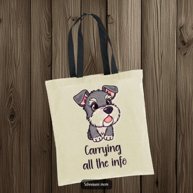 Funny Schnauzer tote bag with alert ears, featuring a dog observing its surroundings, perfect for carrying items with watchful flair.