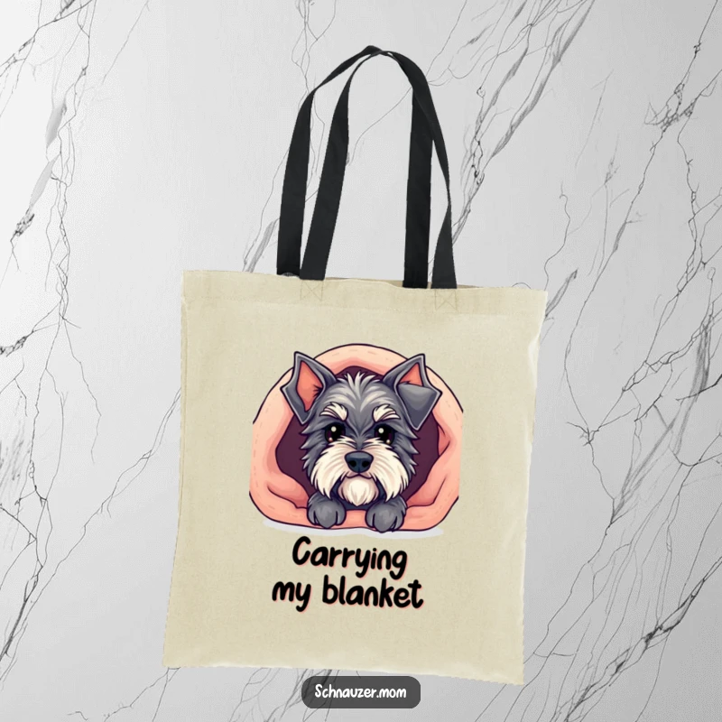 Funny Kawaii Schnauzer tote bag featuring a cute dog peeking out from under a cozy blanket, perfect for carrying items with a cozy theme.