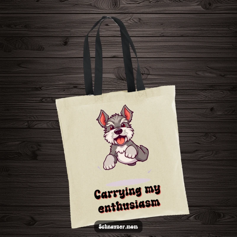 Funny Kawaii Schnauzer tote bag, a dog doing a bouncy, energetic leap with happy barks, ideal for carrying items.