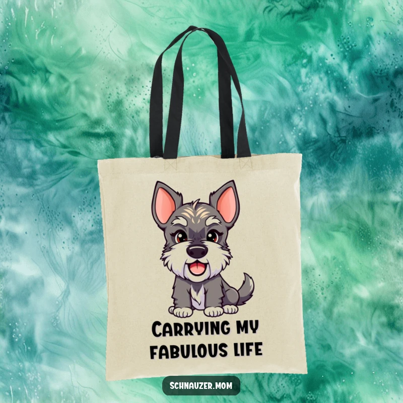 Funny Schnauzer Lady Tote Bag depicting a dog with a cunning smirk and a lively wagging tail. Excellent for a funny gift.