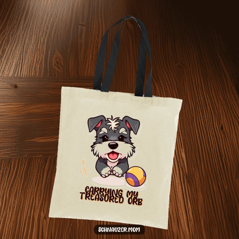Funny Schnauzer tote bag showcasing a winking dog character gleefully chasing a brightly colored bouncing ball, perfect for errands.