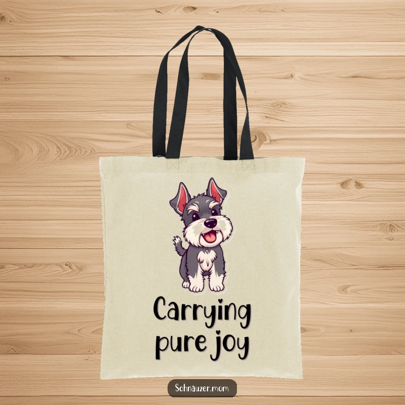 Funny Schnauzer dog wagging its bristly tail, depicted on a tote bag for carrying happy essentials.