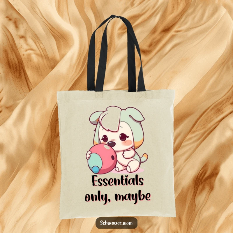 Funny tote bag showcasing a character nudging a toy with its nose, symbolizing eagerness and readiness for fun, a practical humorous accessory.