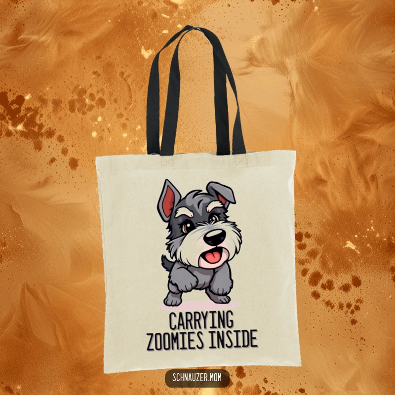 Funny Schnauzer tote bag featuring an energetic dog in a playful pounce, perfect for carrying items with dynamic flair.