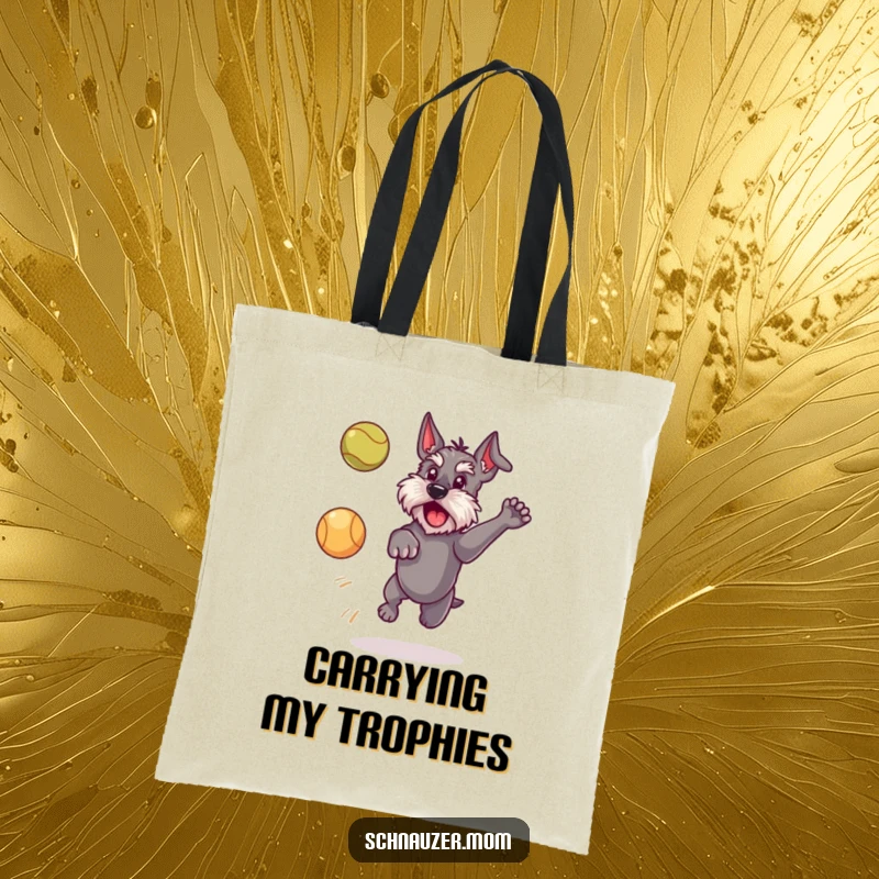 Funny Schnauzer dog tote bag illustration, depicting a dog leaping joyfully to catch a ball, ready for adventure and errands.