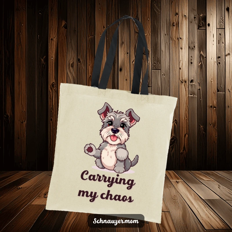 Funny Schnauzer tote bag performing a headstand with wiggling paws, showcasing a whimsical and athletic dog, great for shopping and humor.