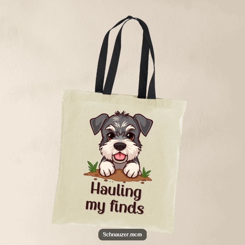 Funny Schnauzer tote bag with a design of a determined dog enthusiastically digging in the dirt, practical and fun.