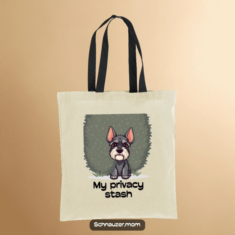 Funny Schnauzer dog tote bag, showing a dog peeking from behind a large shrub, ideal for carrying daily items with a hint of fun.