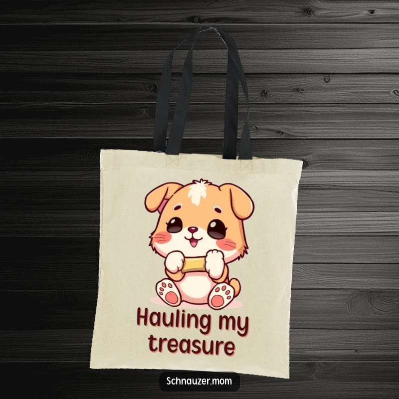 Funny Tote Bag: Character gleefully holding a small bone, perfect for carrying essentials with a dose of happiness and humor, a great funny gift.