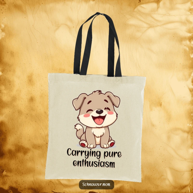 Funny Tote Bag depicting a character joyfully barking with its tail wagging enthusiastically, perfect for carrying daily necessities.