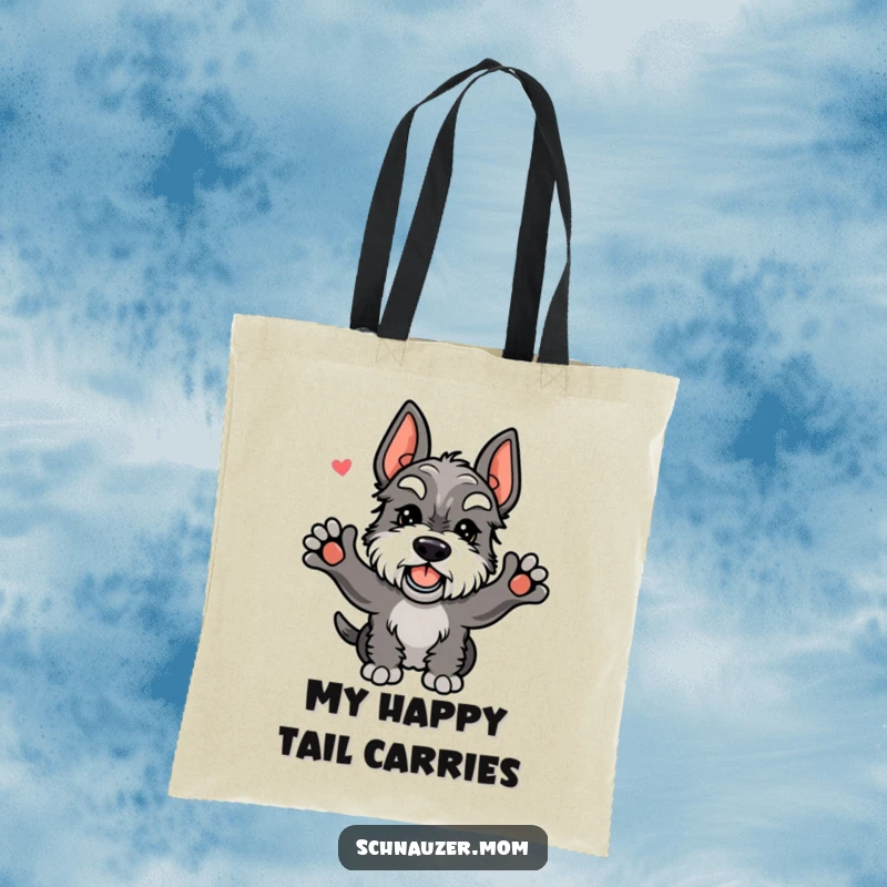 Funny Kawaii Schnauzer tote bag showcasing a dog's energetic tail wag, perfect for carrying good vibes and shopping essentials.