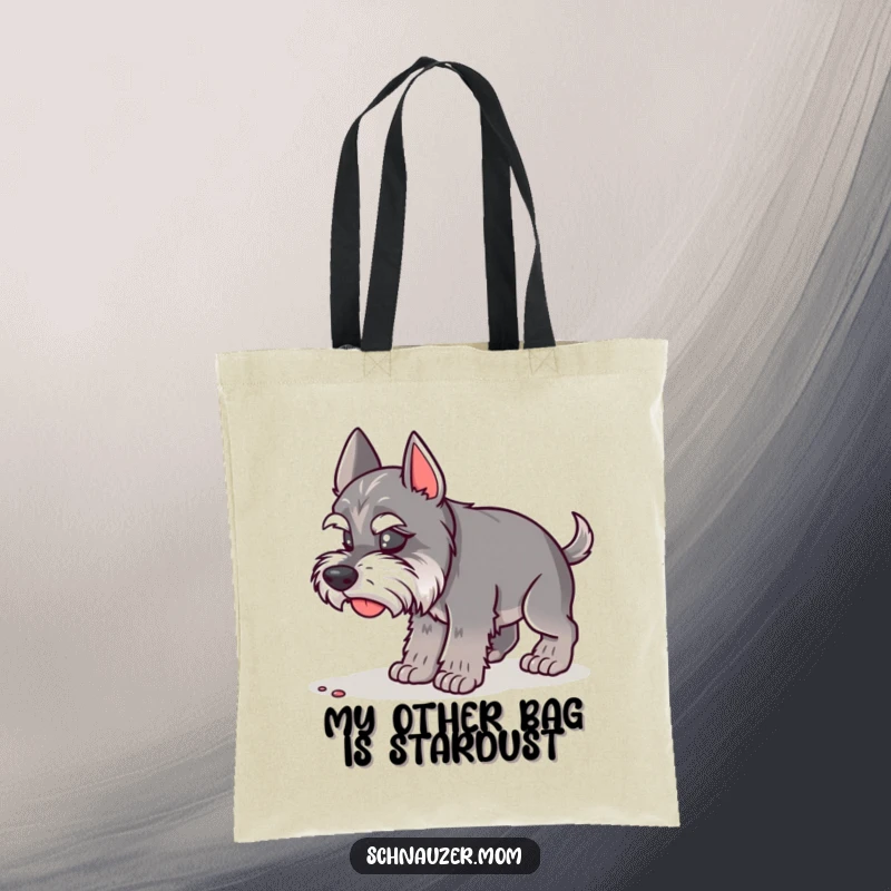Funny Schnauzer Lady Tote Bag with a dog focused on sniffing the ground. Practical and humorous, a great funny gift.