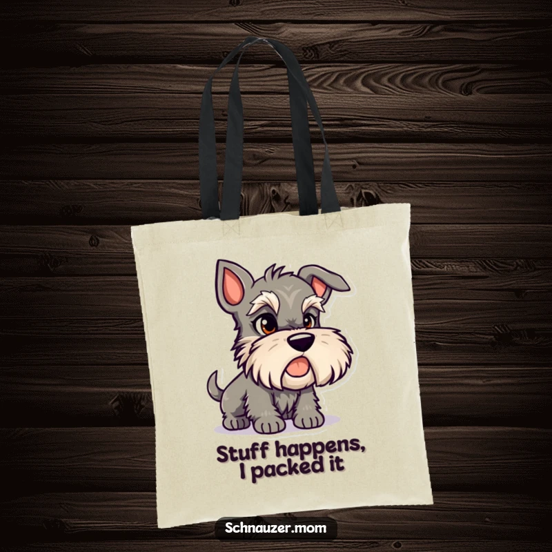 Funny Schnauzer tote bag depicting a mischievous dog character with a sly expression, perfect for carrying treasures.